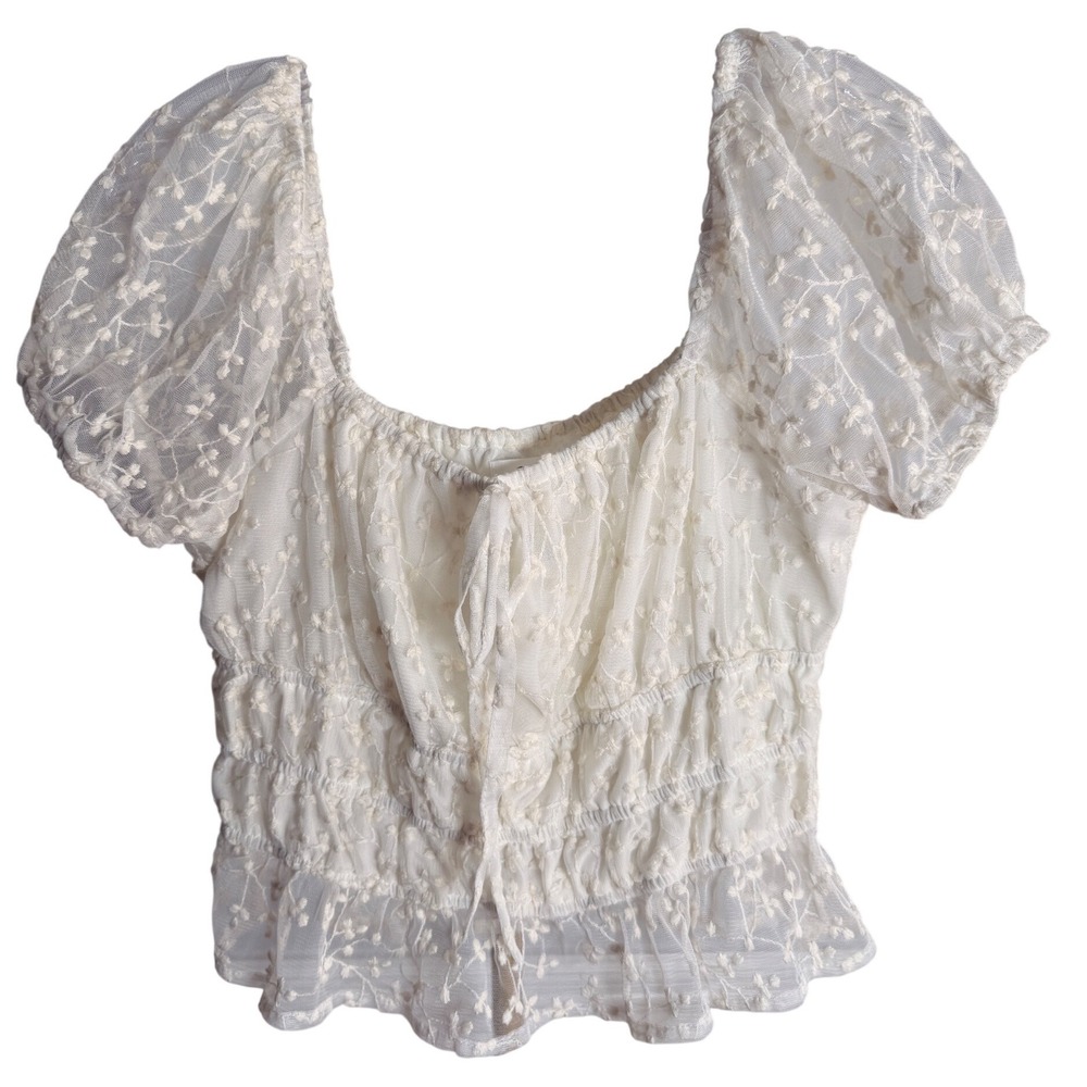 Japna Embroidered Mesh Smocked Top Women Large White Boho Romantic Festival